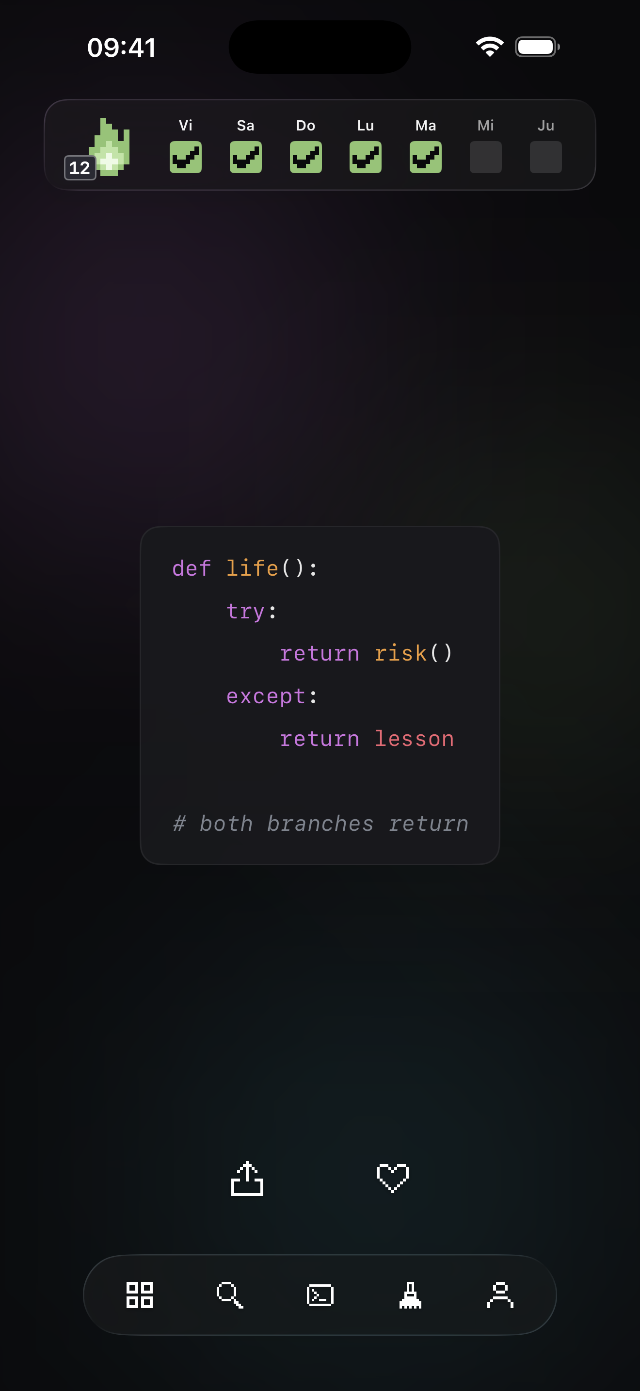 Captura real de iCodeQuotes: frase en código, racha diaria y accesos a explorar y crear.